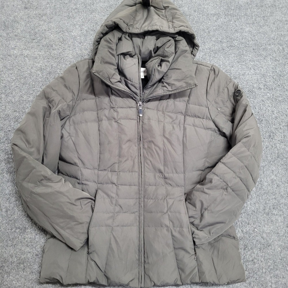 Calvin Klein Puffer Jacket Womens Size M Gray Duck Down Quilted HoodedWinterCoat